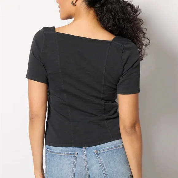 Nation LTD Marcella Button Front Sweetheart Neckline Short Sleeve Top in Black - Picture 5 of 13
